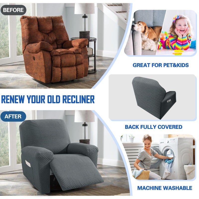 MAXIJIN Recliner Cover Slipcovers for Living Room 4 Pieces Stretch Jacquard Recliner Chair Cover Soft Fitted Recliner Protector with Elastic Bottom for Kids, Pets (Recliner, Dark Gray) - Image 5